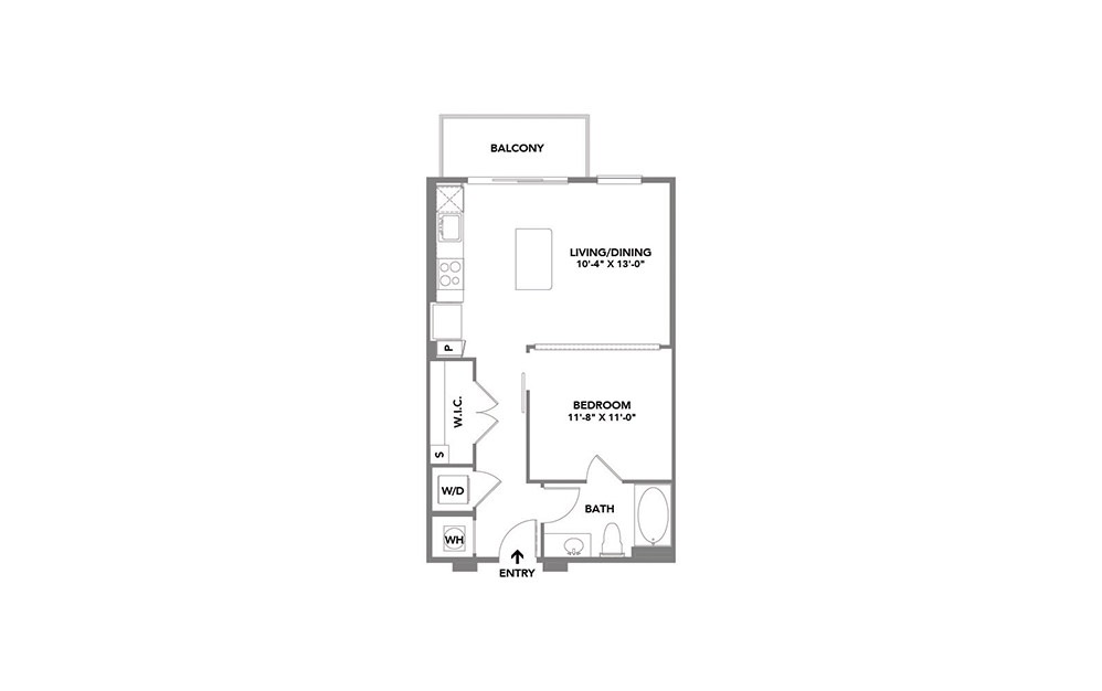 Brando - Studio floorplan layout with 1 bath and 620 square feet.