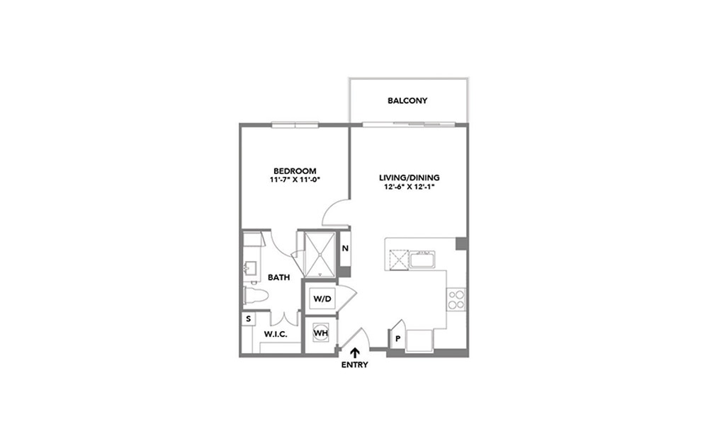Classica - 1 bedroom floorplan layout with 1 bath and 634 square feet.