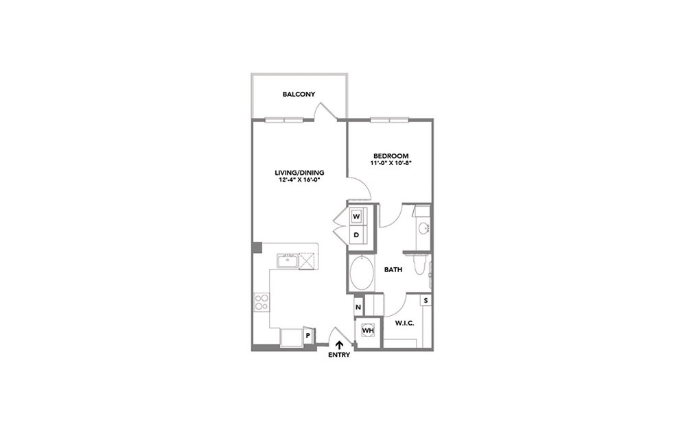 Glam - 1 bedroom floorplan layout with 1 bath and 748 square feet.