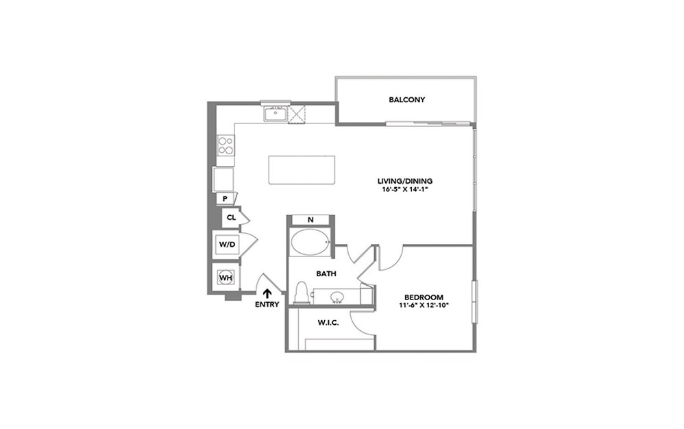 MOD - 1 bedroom floorplan layout with 1 bath and 856 square feet.