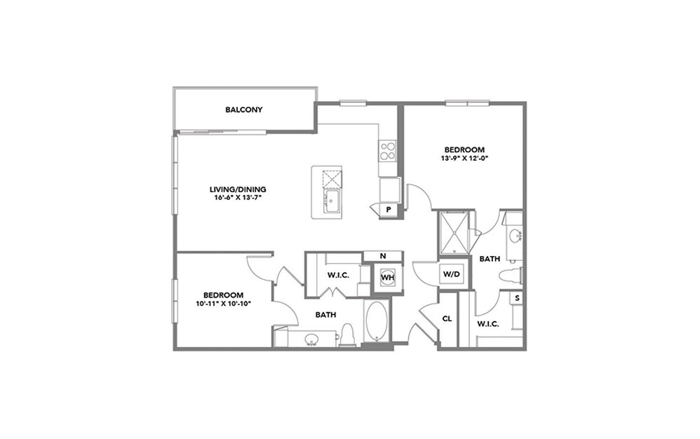 Snap - 2 bedroom floorplan layout with 2 baths and 1134 to 1188 square feet.
