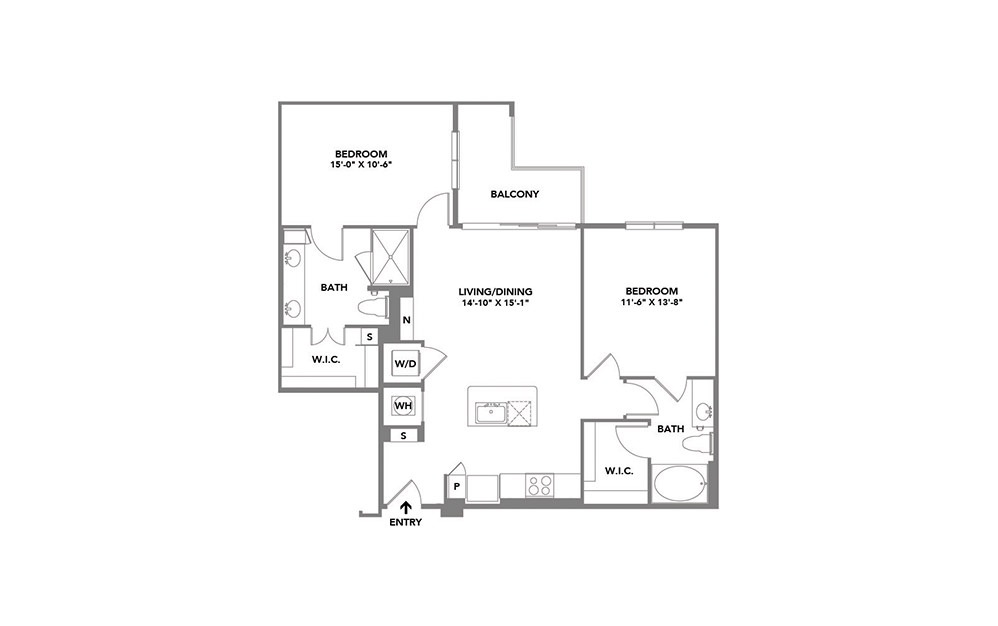 Steady - 2 bedroom floorplan layout with 2 baths and 1072 square feet.
