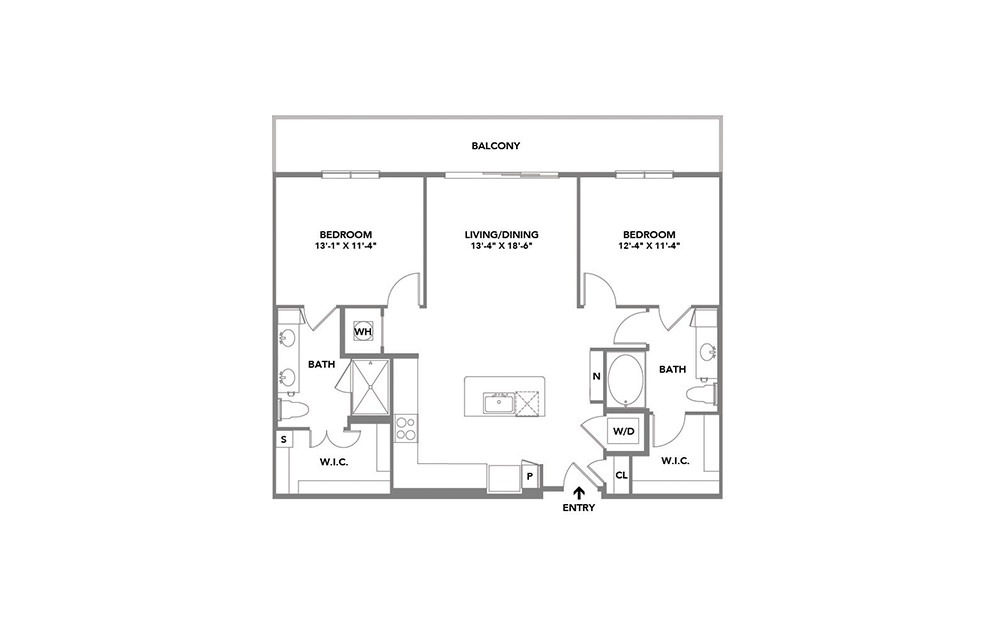 Turquoise - 2 bedroom floorplan layout with 2 baths and 1131 to 1154 square feet.