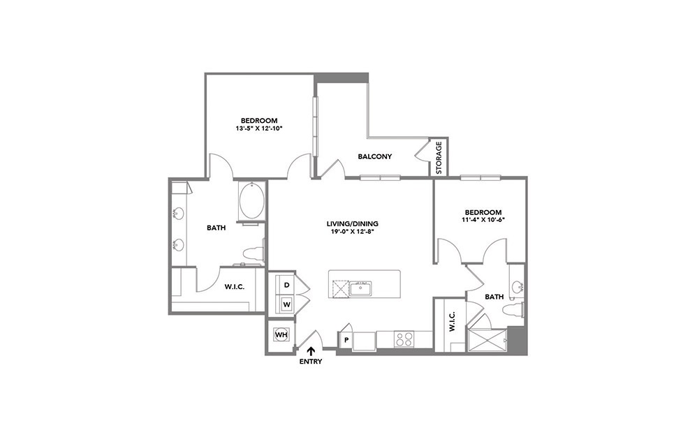 Walt - 2 bedroom floorplan layout with 2 baths and 1164 square feet.