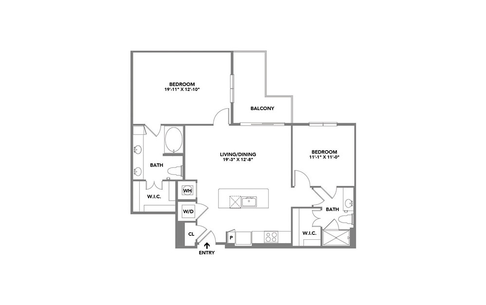 Wilde - 2 bedroom floorplan layout with 2 baths and 1131 square feet.