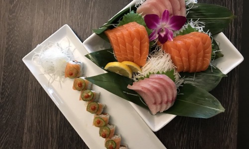 Salmon and Yellowtail sashimi and Blazing Alaska Roll