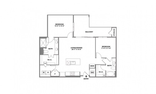 Wright 2 bedroom and 2 bathroom 2D apartment floorplan at Roadrunner on McDowell