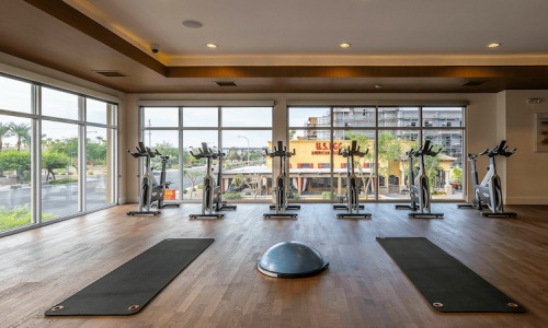 Multiple stationary bikes inside fitness studio at Roadrunner on McDowell